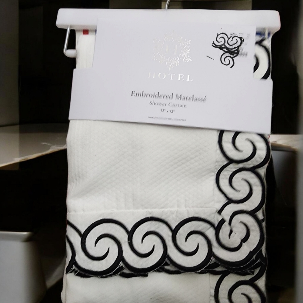 Hotel Matelasse Luxury Fabric Embroidered Shower Curtain -White and Black Scroll